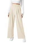 EVALESS Womens Elastic High Waisted Wide Leg Pants Fashion 2024 Spring Summer Casual Waffle Knit Pants with Pockets Ladies Basic Beige Loose Pants, Medium