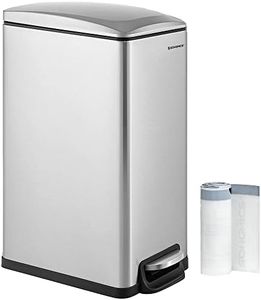 SONGMICS Slim Trash Can, 12.7-Gallon (48 L) Garbage Can for Narrow Spaces with Soft-Close Lid, Inner Bucket, and Step-on Pedal, Stainless Steel, 15 Trash Bags Included, Silver ULTB510E48