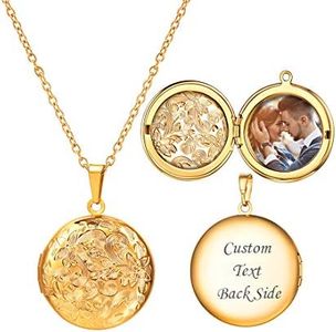 U7 Round Locket Jewelry Memorial Gift 18K Gold Plated Flower Engraved Photo Locket Pendant Necklaces, Chain 22 Inch