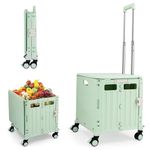 Nastarki Foldable Utility Cart with Lid 65L Folding Portable Rolling Crate Heavy Duty Collapsible Basket with Handle, folding shopping cart with wheels for Office Shopping Camping Travel Moving, Green