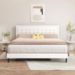 alazyhome King Size White Modern Upholstered Platform Bed Frame with Button Tufting Headboard Solid Wood Slats Support No Box Spring Needed Easy Assembly