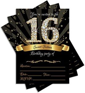 25 Sweet Sixteen Black Double-sided 5x7 Party Invitations Kit with Gold Metallic Pen and Envelopes