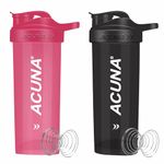 ACUNA Protein Shaker Bottle 700ml Pack Of 2 For HIM & HER, Ideal Gifting For Fitness Lover Pair, Leakproof Flip On Lid- Protein & Supplement Shaker Bottle With Steel Mixing Ball (Pink - Black)