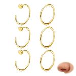 Thunaraz 6pcs Nose Ring 316L Surgical Steel Fake Nose Ring Fake Nose Piercing Gold Septum Piercing Nose Rings Helix Hoop Cartilage Conch Rook Daith Earrings Lip Rings Thin Nose Hoop 22G Gold 8MM