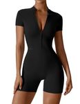 YEOREO Women Workout Jumpsuit Zip Up Short Sleeve Jumpsuit Bottom Pants Bodysuit Bodycon One Piece Romper Black XL