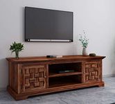 ROUNDHILL Sheesham Wood TV Stand with 2 Door & Shelf Storage for Living Room Home Entertainment Unit Center Console TV Table Wooden Tv Cabinet (Natural Brown Finish)