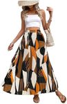 OYOANGLE Women's Boho Geo Print Elastic High Waist Flowy Pleated Maxi Skirt Vacation Skirts Black Orange Large