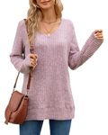 MISFAY Sweaters for Women Casual Long Sleeve V Neck Shirts Solid Color Tunic Tops for Leggings,Light Pink,M