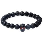 EDMIRIA CZ Pave Skull Natural Volcanic Lava Bracelet, Handmade Gemstone Round Beads Stretch Bracelet For Men And Women, Healing Crystals Stone Beads Bracelets (Gunmetal Skull)