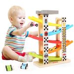 Belleur Montessori Toy for 1-3 Year Old Boys and Girls, Kid Wooden Race Track Car, Toddler Ramp Racer Set with 5 Mini Cars & 5 Ramps, Perfect for Babies' Birthday Gifts