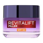 L’Oréal Paris SPF50 Cream Revitalift Filler Deep Replumping Anti-Ageing, UV Protection, Moisturising, Intensely Hydrates and Smooth Wrinkles with Macro, Micro and Micro-Epidermic Hyaluronic Acid, 50ml