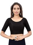 SAGIBO Round Neck Dobby Cotton Lycra Stretchable Elbow Sleeve Readymade Saree Blouse For Women Stylish, Black