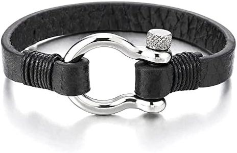 COOLSTEELANDBEYOND Nautical Anchor Black Leather Bracelet for Men and Women, Stainless Steel Screw Shackle, Leather Wrap Wristband, Sailing, Maritime, Ocean-Inspired Jewelry