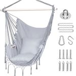 Klhamky 59"×47" Hammock Chair Swing with Hanging Hardware Kit- Beige, Cotton Canvas, Include Two Seat Cushions, for Bedroom Indoor Outdoor, Max. Weight 330 Lbs (Light Grey)