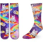 Zmart Men's Funny Novelty Pizza Cat Crew Dress Socks, Crazy Rainbow Cotton Socks in Blue