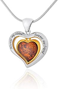 AMBEDORA Women's Necklace 925 Silver Gold-Plated 14 Carat Baltic Amber Heart Pendant V2 with Amber Double Hearts Engraved "Always My Sister Forever My Friend" Ready Gift Set, Sterling Silver