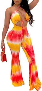Remelon Womens Spaghetti Strap Halter Tie Dye Print Cut Out Bodycon Bell Flare Pants Club Party One Piece Jumpsuits Rompers Yellow XL