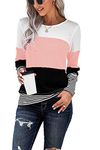 SMENG T Shirts for Women UK Crewneck Sweatshirt Workout Long Sleeve Oversized Top Blouse Patchwork Pullover Color Block Clothes Pink Size UK6-8