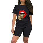 Go Mai Womens 2 Pieces Sports Outfit Tracksuit Sequin Lips&Butterfly Print Top and Short Pants with Pocket Sweatsuit Set Black