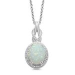 Jewelili Created Oval Opal Necklace Pendant for Women with Diamonds and October Birthstone in Sterling Silver 18" Rolo Chain, Metal, Created Opal