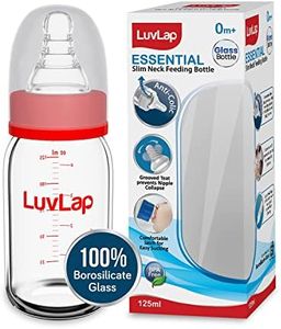 LuvLap Essential Slim Neck Glass Feeding Bottle, 125ml, 0m+/Babies Upto 3 Years, Made of Borosilicate Glass, BPA Free, Ergonomic Shape is Easy to Hold, with Anti Colic Nipple, White & Red, Pack of 1