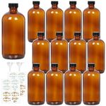 STARSIDE 12 Pack 16 oz Amber Glass Bottles with Lids, 480 ml Round Boston Bottles for Essential Oils, Hot Sauce, Juice, Liquids, Include 1 Brush,1 Funnel, 12 Labels.