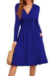 WEACZZY Womens Long Sleeve Deep V Neck Dresses Casual Flowy Dress Winter Holiday Wedding Guest Petite Dress with Pockets, Royal Blue, Small