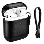 AirPods Case Cover, Icarer Premium Genuine Leather Vintage Portable Protective Cover with Wrist Strap Lanyard for Apple AirPods 1&2 Case LED Indicator LED Visible Support Wireless Charging (Black)