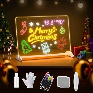 Led Note Board with Colors, 13.8"X10" 4 Modes & 7 Colors Led Acrylic Message Board, Light up Acrylic Dry Erase Board, Led Drawing Board with Stand, Adapter, Hanging Chain, 7 Markers, Spray Bottle