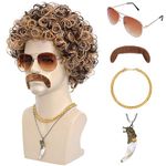 6pcs Set 70s 80s Disco wig with Mustache Glasses Artificial Wolf Necklace Golden Chain Short Curly Hair Afro Mens Wig for 60s Rocker Hippies Costume Cosplay Halloween Party (Blonde Mixed Brown)