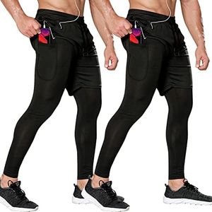 Odoland 2 Pack Mens Athletic Compression Running Pants, 2 in 1 Quick Dry Athletic Workout Sweatpants Shorts Gym Leggings with Pocket, Black/Black, L