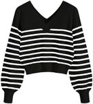 ZAFUL Women's Cropped Sweater V-Neck Long Sleeve Crop Sweater Pullover Jumper Knit Top, 1-stripeblack, Small