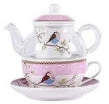 YBK Tech Glass Teapot with a Porcelain Infuser Strainer, Happy Bird Pattern Cup and Saucer Set, Teapot and Teacup for One (Pink)