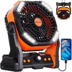 20000mAh Battery powered fan Camping Fan essentials,Portable fan Battery Operated fan, Rechargeable Battery Operated Outdoor Tent Fan with Light & Hook,Personal USB Desk Fan for Camping,Orange