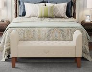 Awonde Storage Bench Upholstered End of Bed Bench with Storage Armed Ottoman Bench Button Tufted Bedroom Entryway Living Room Settee Bench Beige Linen