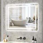 Tangkula 32 x 24 Inch LED Bathroom Mirror, Wall Mounted Rectangle Mirror w/ 3-Color Dimmable Lights, Time/Temp Display, Anti-Fog & Memory Function, Frameless Rectangular LED Lighted Mirror