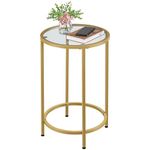 Yaheetech Round Side Table with Tempered Glass Top Accent Bedside Table End Table with Metal Frame Small Sofa Table for Living Room Bedroom, Mustard Gold