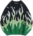 ZAFUL Men's Oversized Sweater Y2K Aesthetic Flame Graphic Crewneck Knit Pullover Unisex Casual Sweaters, 1-green, XX-Large