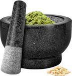 Heavy Duty Large Mortar and Pestle Set, 4 Cups, 100% Natural Granite Mortar and Pestle Stone Grinder Bowl, Molcajete Bowl, Avocado Masher Guacamole Bowls, Black