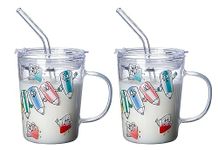 KELVEE Glass Tumbler Milk Cup with Silicone Straw and Lid Handle Set of 2 for Kids & Adult Heavy Glass Cup 350ml Water Mug with Scale Juice and Drinking Mug for Kids(COROCODILE - 2)