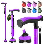 BeneCane Walking Cane for Men & Women Walking Stick for Seniors Folding Canes Quad Cane Adjustable Lightweight Sturdy Free Standing Collapsible Heavy Duty with Soft TPR T-Handle and Travel Bag Purple