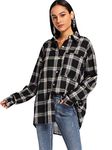 SweatyRocks Women's Long Sleeve Collar Long Button Down Plaid Shirt Blouse Tops, Black, Large