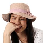 Haute Sauce Women Beige Textured Straw Hat with Pink Ribbon Detail for Outdoor Everyday Wear | UV Protection | Lightweight | Foldable | Packable | Latest Stylish Casual Headwear for Women & Girls