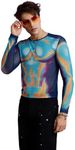 OYOANGLE Men's See Through Long Sleeve Round Neck T Shirts Sheer Mesh Partywear Rave Crop Tops Blue Multi Medium