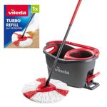 Vileda Turbo Microfibre Mop and Bucket Set with Extra 2-in-1 Head Replacement, Spin Mop for Cleaning Floors, Set of 1x Mop, 1x Bucket and 1x Refill