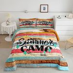 Erosebridal Happy Summer Camp Bedding Comforter Sets Rv Camper Decor, Happy Camping Comforter Set Retro Rustic Farmhouse Wooden Bedding Camping Travel Themed Quilt Camping Accessories 3 Pcs, Queen