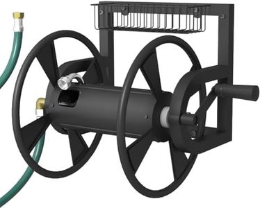Artigarden Garden Wall Mounted Hose Reel, Outdoor Heavy-Duty Water Hose Holder Winder, Holds 125 Feet of 5/8-Inch Hose, with 3.9 ft Leader Hose, Brass Fitting and Storage Basket for Yard, Black