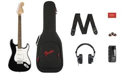 Squier by Fender Affinity Series™ Stratocaster® Electric Guitar & Mustang™ Micro Pack in Black. Includes Gig Bag, Strap, Headphones, Picks & a Free 3-Month Subscription to Fender Play