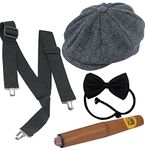 Dreamzfit - Men's 1920's Mafia God Father Peaky Blinders Gangster Fancy Dress Costume Set - Cap, Braces, Fake Cigar & Black Bow Tie ~ Al Capone Gangsta Theme Party Stag Night Dress Up, Grey