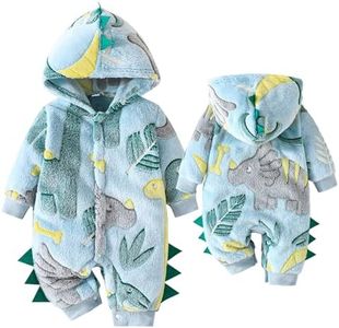 Yaopelky Newborn Baby Dinosaur Snowsuit Infant One Piece Hooded Jumpsuit Toddler Cartoon Romper Winter Warm Fleece Outfit (Green, 9-12 Months)